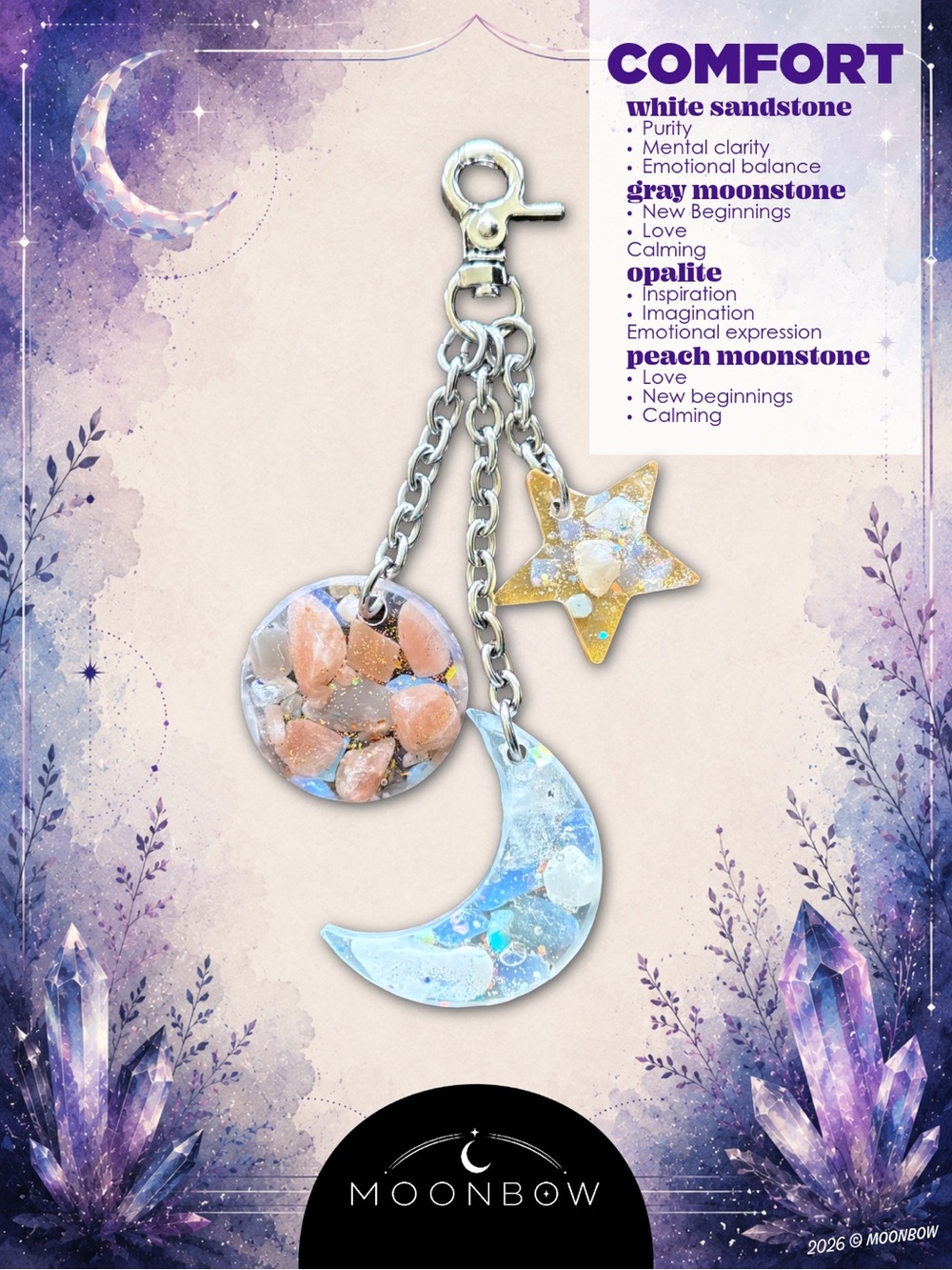 Moonbow Handmade Charm ft. White Sandstone, Opalite, Gray + Peach Moonstone